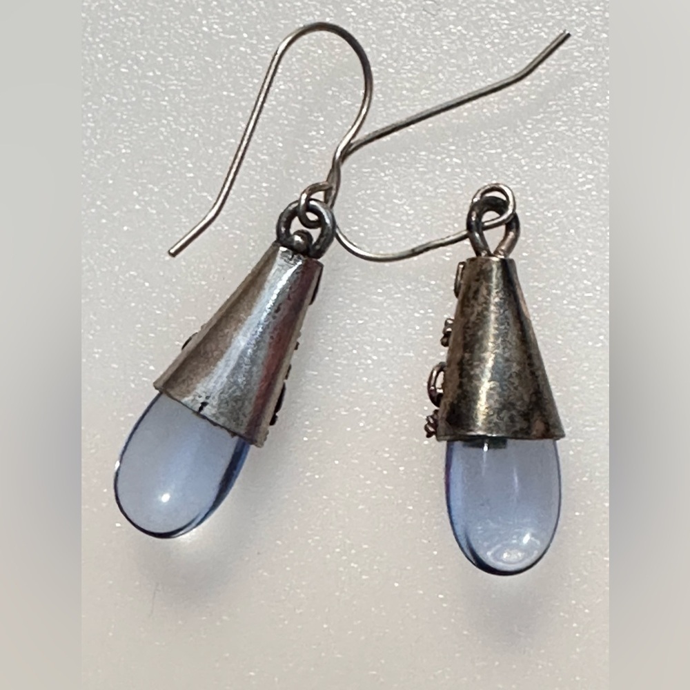Sterling Silver Hook Dangle Earrings Blue Glass Teardrop Stone 1971 L - Picture 4 of 11